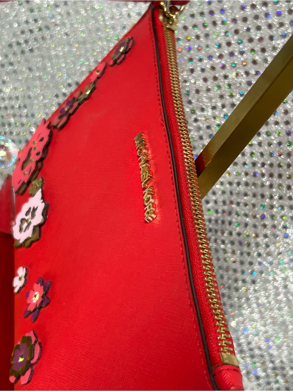 Michael Kors Reddish Orange Floral Appliqué Saffiano Wristlet Approx. 10 x 6 - Picture 7 of 16